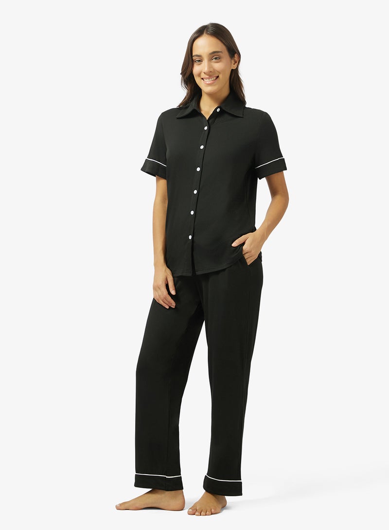 جينجر طقم قميص بيجامة بأزرار وزخرفة متباينة - Image 1