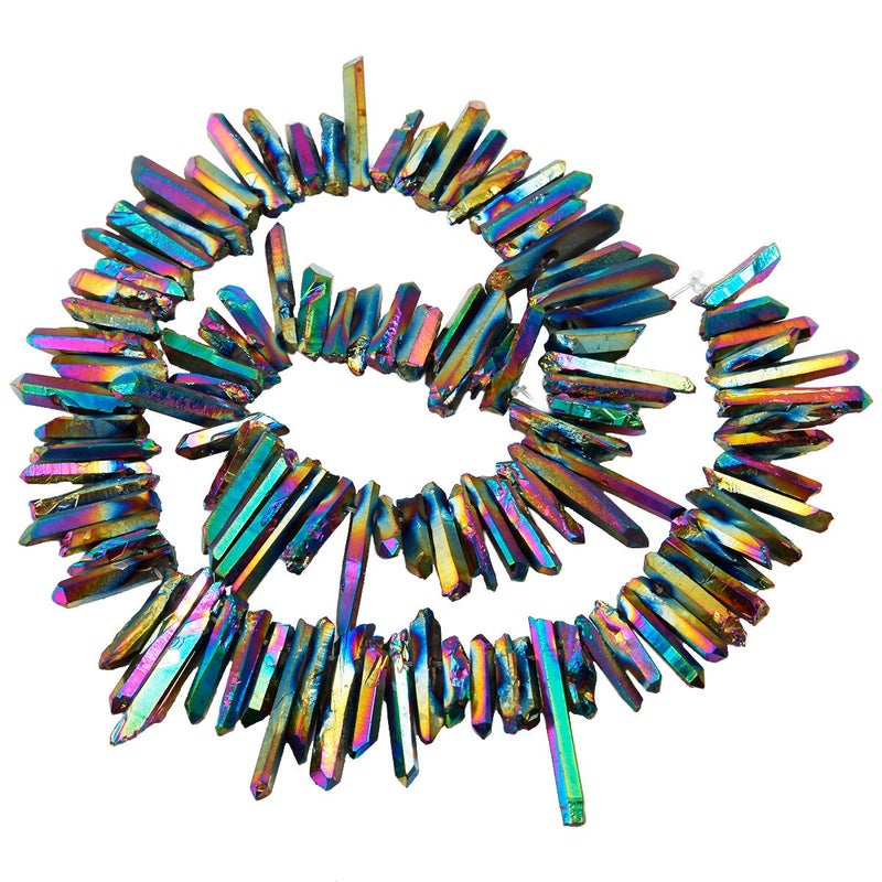SUNYIK Rainbow Titanium Coated Crystal Points Quartz Rough Sticks Spikes Point Beads 15 inch Strand Drilled