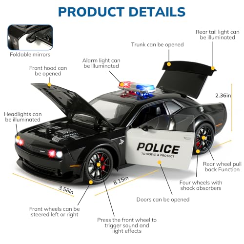 FRJV Police Cars for Kids Ages 35124 Diecast Cars Hellcat Toy Car Collectibles Model Kit with Pull BackHell Cat Toy Police Car with Lights and Siren for Kids 3 Year Olds - Image 5