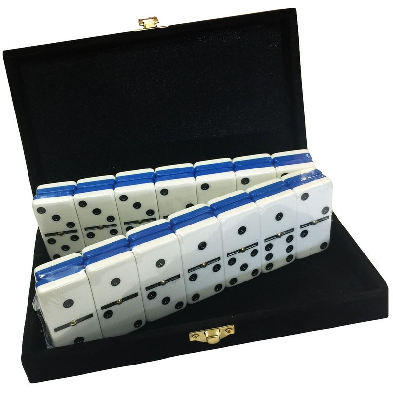 Marion Domino Double 6 Blue White Two Tone Jumbo Tournament Professional Size with Spinners in Elegant Black Velvet Case