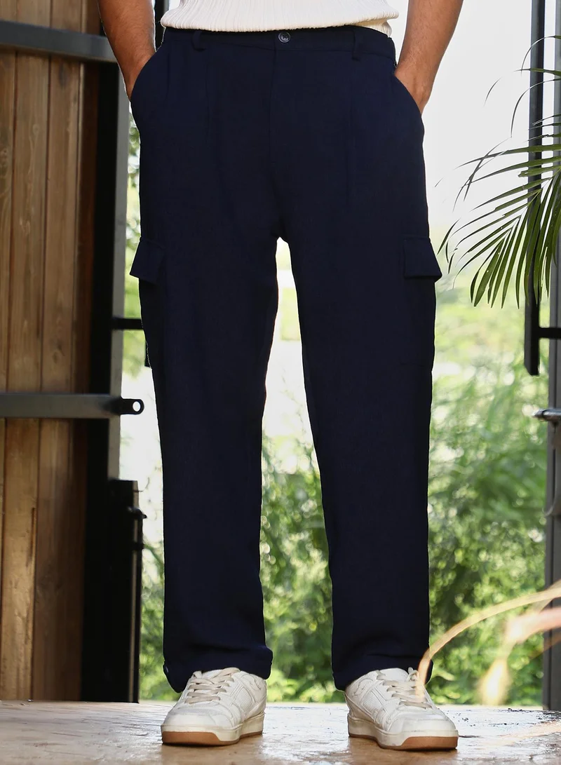 Campus Sutra Men Pleated-Textured Cargo Trousers | Mid-Rise , Side Elasticated Stretch Waist | Button , Cuffed-Straight Hem | Solid Textured | Woven Fabric For Casual & Street Wear | Navy Blue