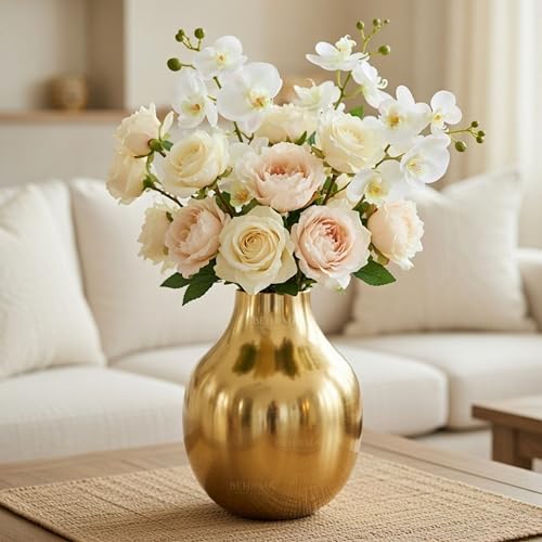 Behoma Metal Flower Vase for Home Decor Living Room Kitchen Office Wedding | Round Shape Metal Table Decorative Flower Pot Gold Colour Small (Flower not Included) - Image 1