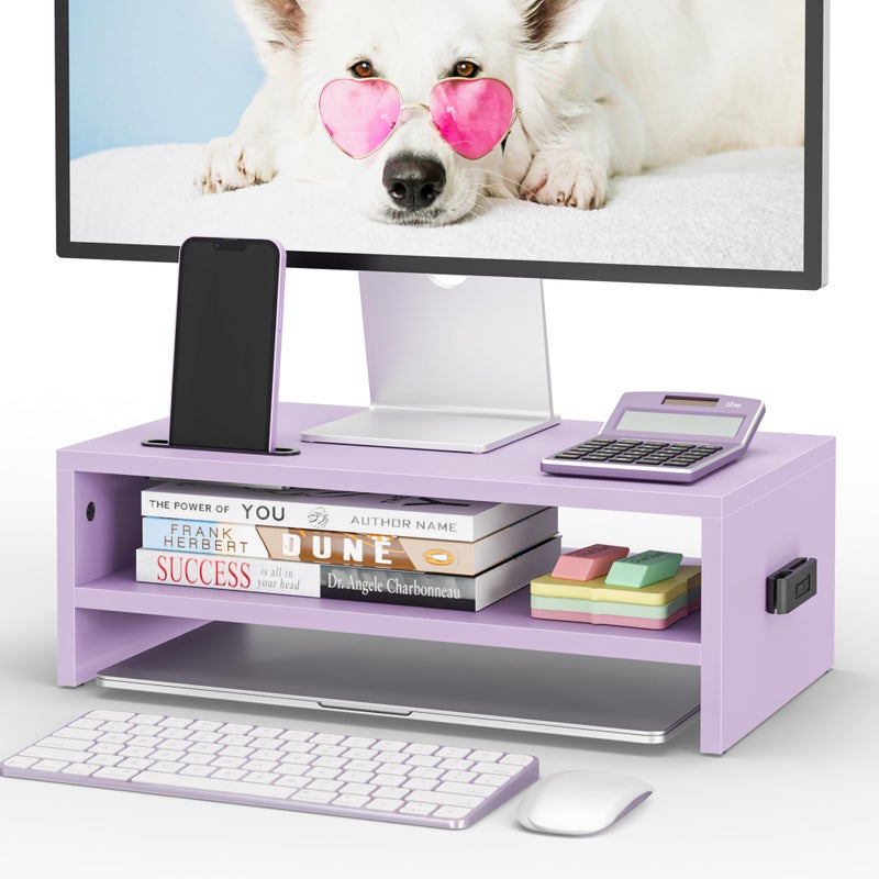 BONTEC Wooden Monitor Stand Riser, 2-Tier Desk Shelf with Storage Organizer, Ergonomic Computer Stand with Cable Management, Cellphone Holder, Purple, 16.5 Inch - Image 1