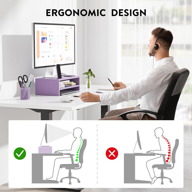 BONTEC Wooden Monitor Stand Riser, 2-Tier Desk Shelf with Storage Organizer, Ergonomic Computer Stand with Cable Management, Cellphone Holder, Purple, 16.5 Inch - Image 3