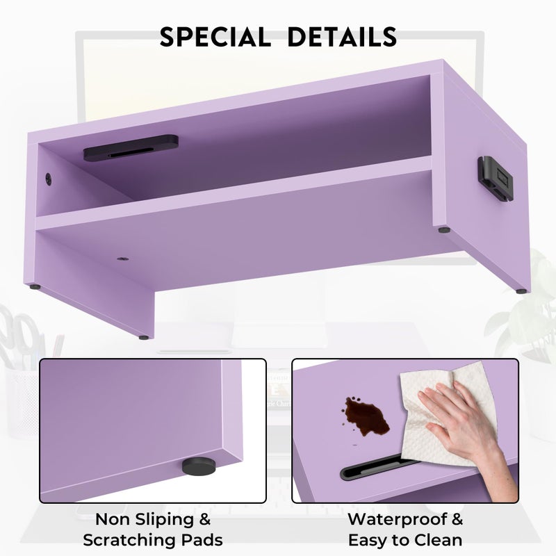 BONTEC Wooden Monitor Stand Riser, 2-Tier Desk Shelf with Storage Organizer, Ergonomic Computer Stand with Cable Management, Cellphone Holder, Purple, 16.5 Inch - Image 5