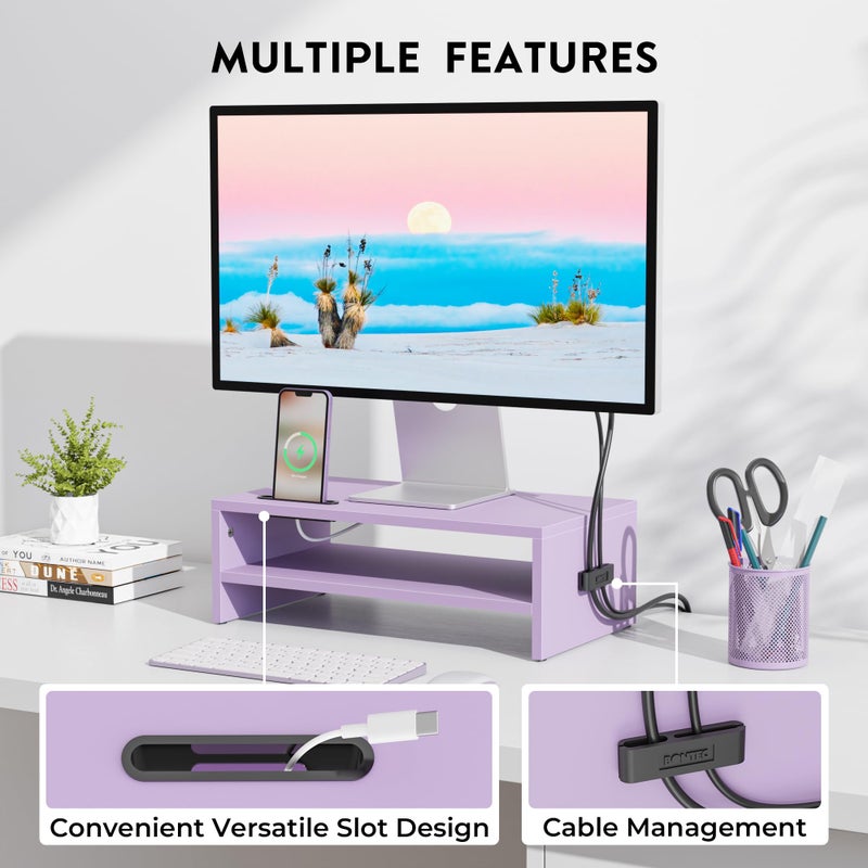 BONTEC Wooden Monitor Stand Riser, 2-Tier Desk Shelf with Storage Organizer, Ergonomic Computer Stand with Cable Management, Cellphone Holder, Purple, 16.5 Inch - Image 2