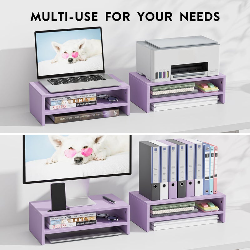 BONTEC Wooden Monitor Stand Riser, 2-Tier Desk Shelf with Storage Organizer, Ergonomic Computer Stand with Cable Management, Cellphone Holder, Purple, 16.5 Inch - Image 4