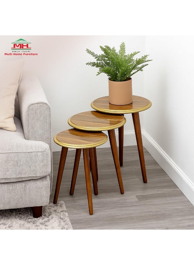 Multi Home Furniture Wooden Brown Nesting Table Set of 3 – Round Space-Saving Coffee Table Design for Living Room Furniture, Bedroom, and Office – Stackable Outdoor Table and Coffee Corner Table - Image 2
