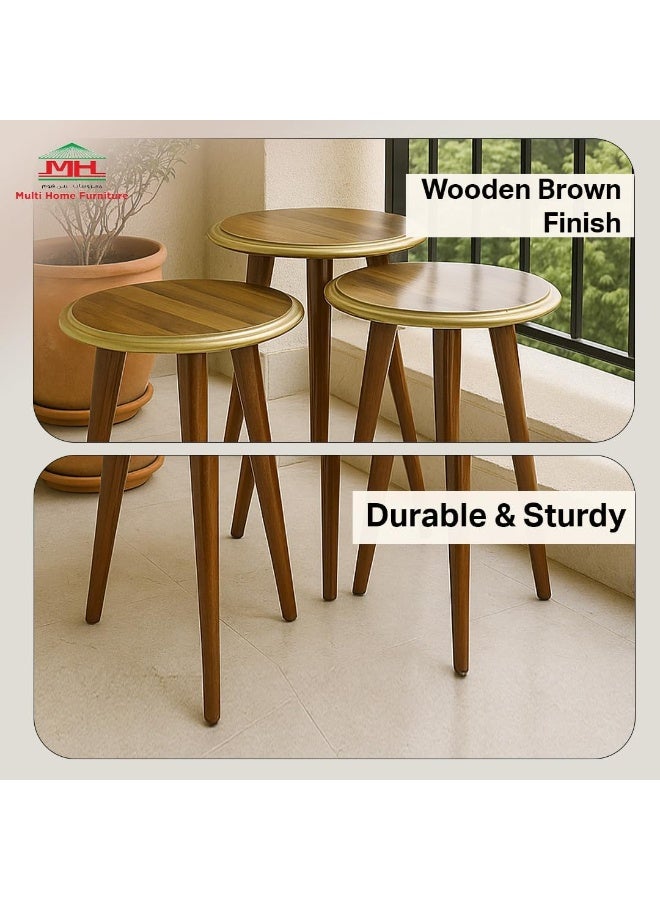 Multi Home Furniture Wooden Brown Nesting Table Set of 3 – Round Space-Saving Coffee Table Design for Living Room Furniture, Bedroom, and Office – Stackable Outdoor Table and Coffee Corner Table - Image 4