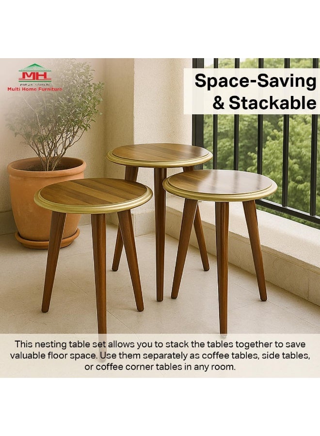 Multi Home Furniture Wooden Brown Nesting Table Set of 3 – Round Space-Saving Coffee Table Design for Living Room Furniture, Bedroom, and Office – Stackable Outdoor Table and Coffee Corner Table - Image 5
