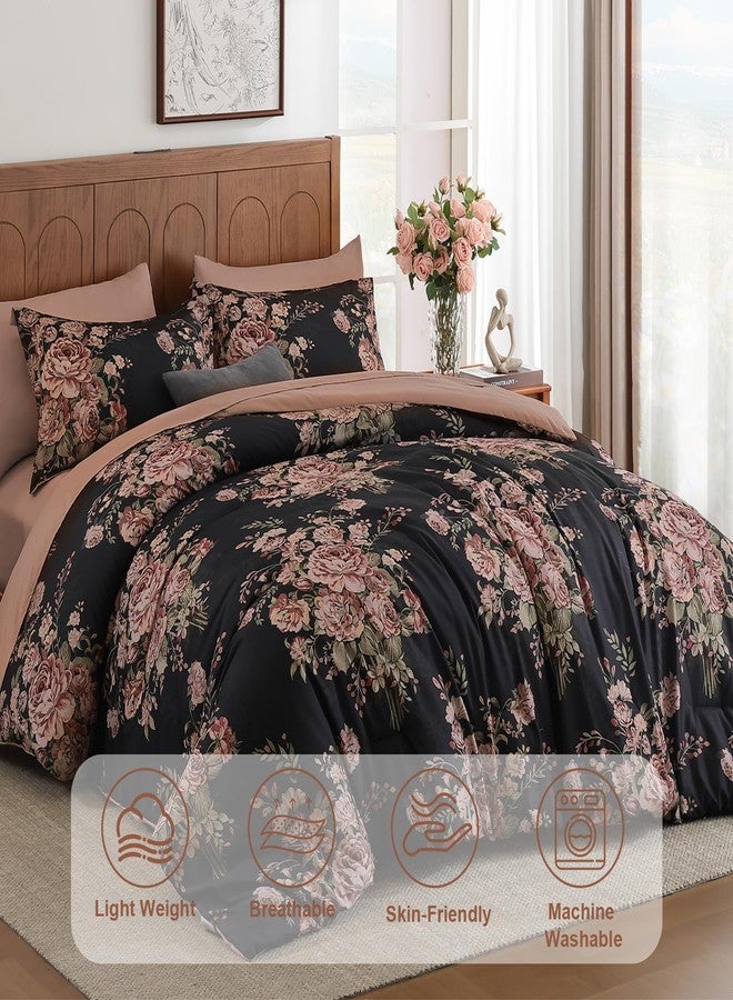 Anibedding 7Pieces Black Pink Floral Comforter Set Queen Size, Soft Microfiber Pink Bed in a Bag Comforter Set with Sheets for All Season - Image 3