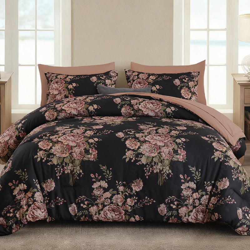 Anibedding 7Pieces Black Pink Floral Comforter Set Queen Size, Soft Microfiber Pink Bed in a Bag Comforter Set with Sheets for All Season - Image 1