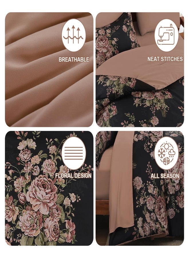 Anibedding 7Pieces Black Pink Floral Comforter Set Queen Size, Soft Microfiber Pink Bed in a Bag Comforter Set with Sheets for All Season - Image 5