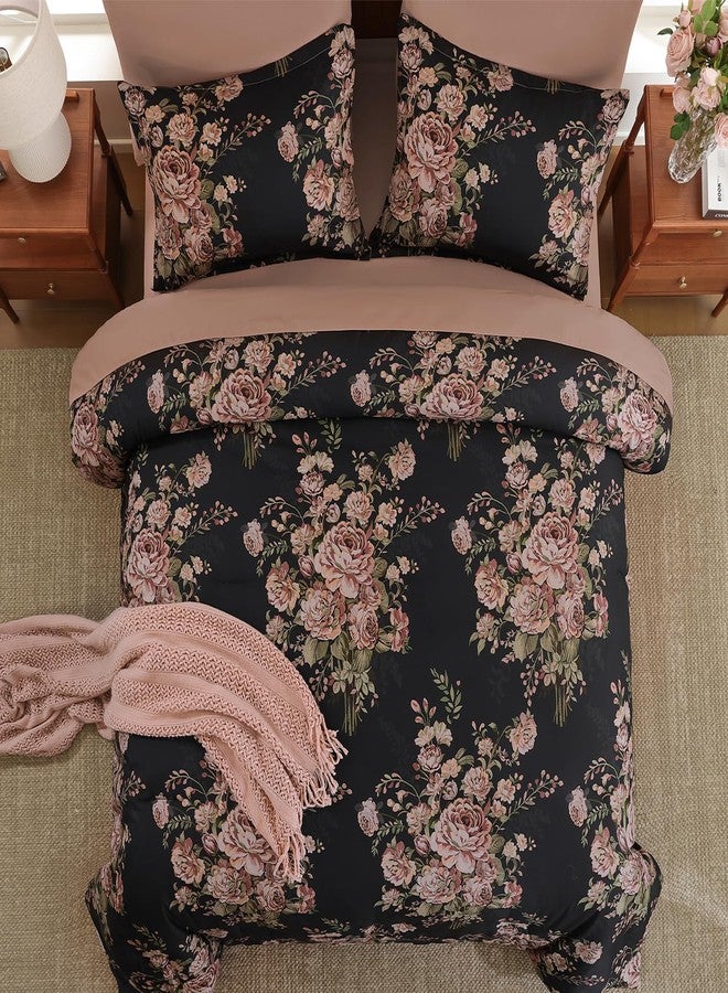 Anibedding 7Pieces Black Pink Floral Comforter Set Queen Size, Soft Microfiber Pink Bed in a Bag Comforter Set with Sheets for All Season - Image 2