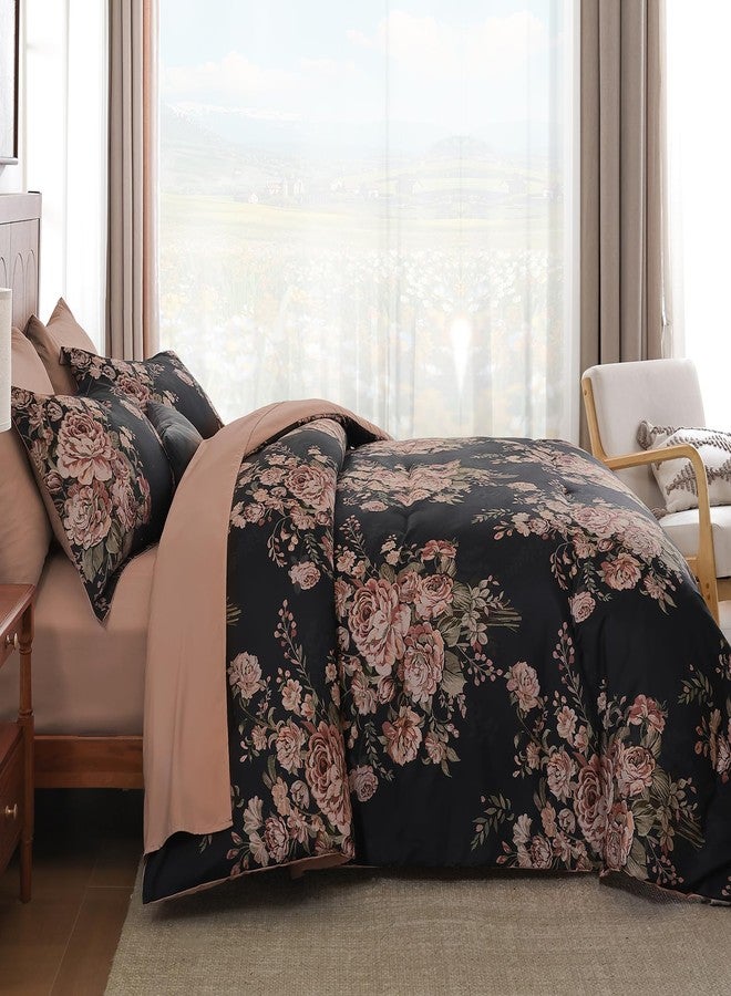 Anibedding 7Pieces Black Pink Floral Comforter Set Queen Size, Soft Microfiber Pink Bed in a Bag Comforter Set with Sheets for All Season - Image 4