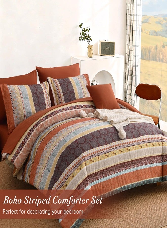 Cottolester Boho Comforter Set King Size,8 Pieces Red and Orange Bohemian Striped Bed in a Bag,Paisley Soft Microfiber Bedding Comforter Set - Image 2