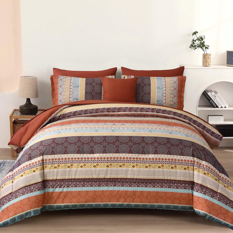 Cottolester Boho Comforter Set King Size,8 Pieces Red and Orange Bohemian Striped Bed in a Bag,Paisley Soft Microfiber Bedding Comforter Set - Image 1