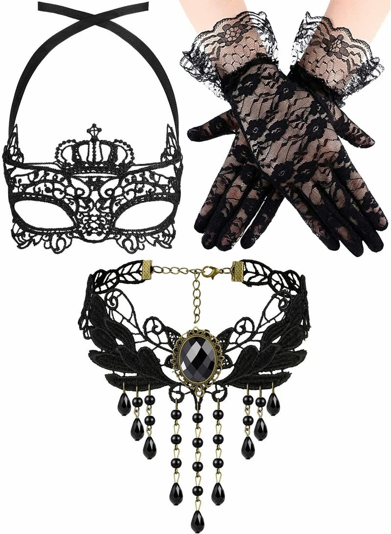 Y&D Venetian Masquerade Masks Black Choker Lace Necklace Pattern Gloves Set for Women  - Image 1