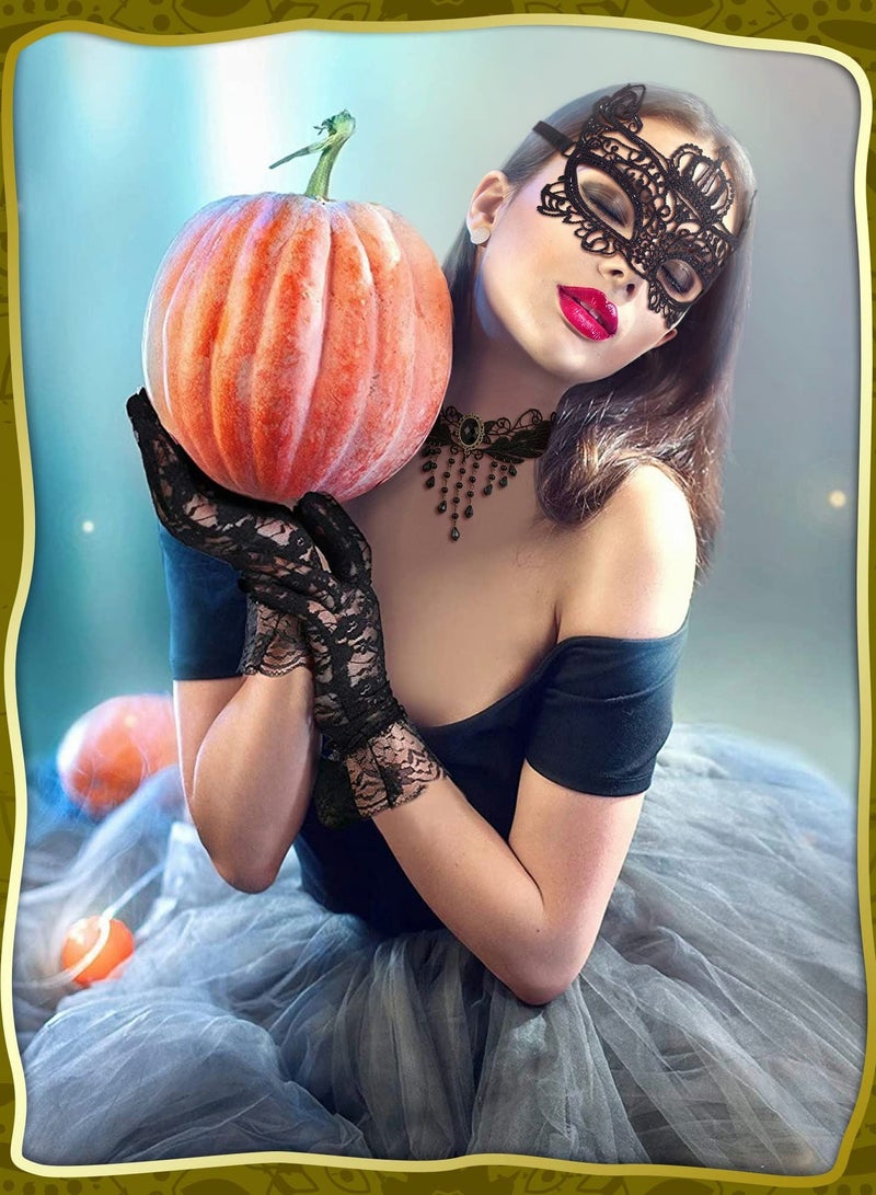 Y&D Venetian Masquerade Masks Black Choker Lace Necklace Pattern Gloves Set for Women  - Image 2