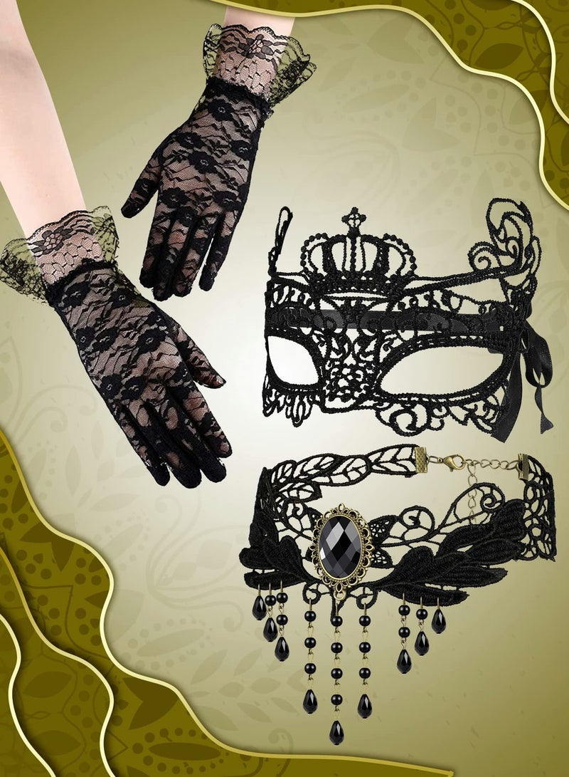 Y&D Venetian Masquerade Masks Black Choker Lace Necklace Pattern Gloves Set for Women  - Image 4