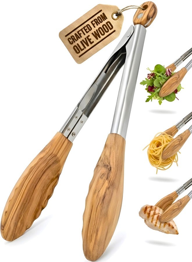 Boxiki Kitchen Premium Olive Wood Salad Tongs for Serving, 12 Inch Serving Tongs with 304 Stainless Steel Handle for Salad, Bread, BBQ, Pickles, Toaster & Kitchen Use - Image 1