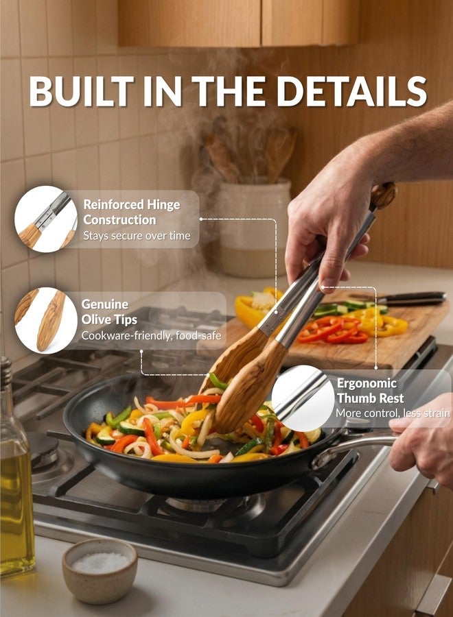 Boxiki Kitchen Premium Olive Wood Salad Tongs for Serving, 12 Inch Serving Tongs with 304 Stainless Steel Handle for Salad, Bread, BBQ, Pickles, Toaster & Kitchen Use - Image 2