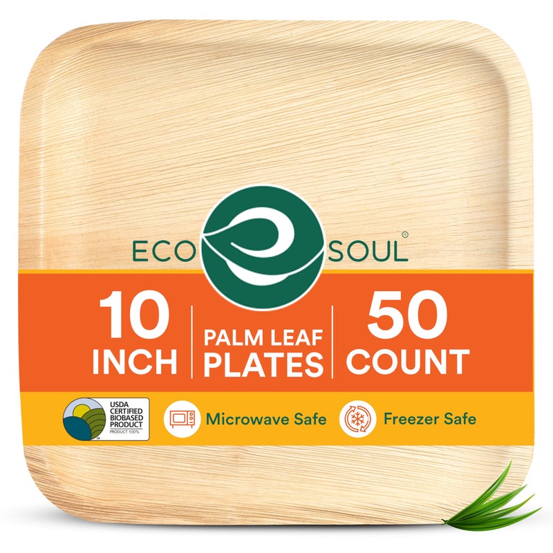 ECO SOUL 10 Inch Disposable Palm Leaf Plates [50 Pack] Premium Food-Safe Heavy Duty Compostable Bamboo Paper Plates for Lunch, Dinner, Birthday, Weddings, Party, Camping & Catering Events [Square] - Image 1