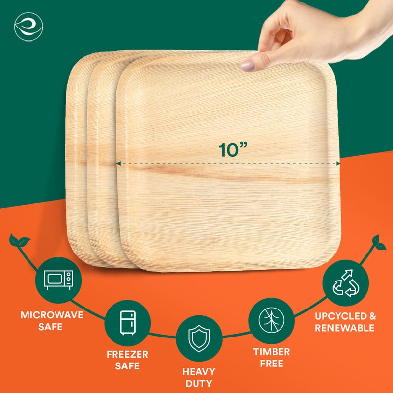 ECO SOUL 10 Inch Disposable Palm Leaf Plates [50 Pack] Premium Food-Safe Heavy Duty Compostable Bamboo Paper Plates for Lunch, Dinner, Birthday, Weddings, Party, Camping & Catering Events [Square] - Image 2