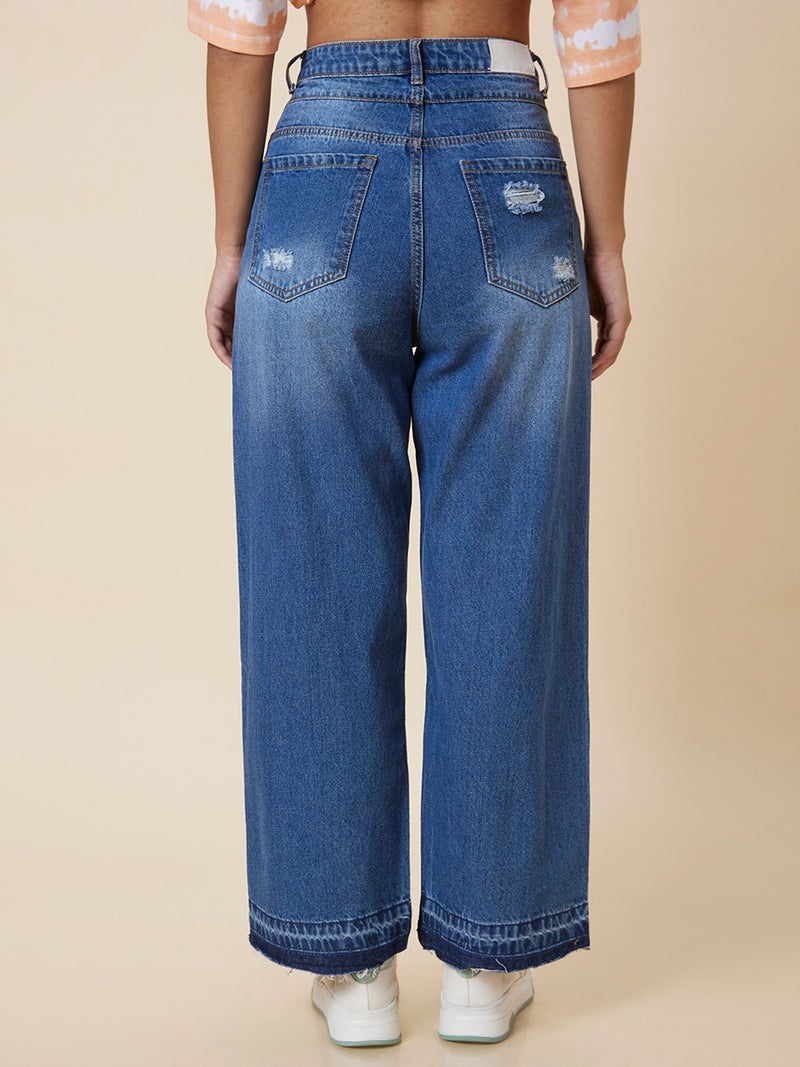 globus Globus Women Blue Wide Leg Light Fade Highly Distressed Pure Cotton Jeans  - Image 3