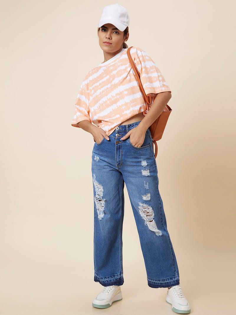 globus Globus Women Blue Wide Leg Light Fade Highly Distressed Pure Cotton Jeans  - Image 1