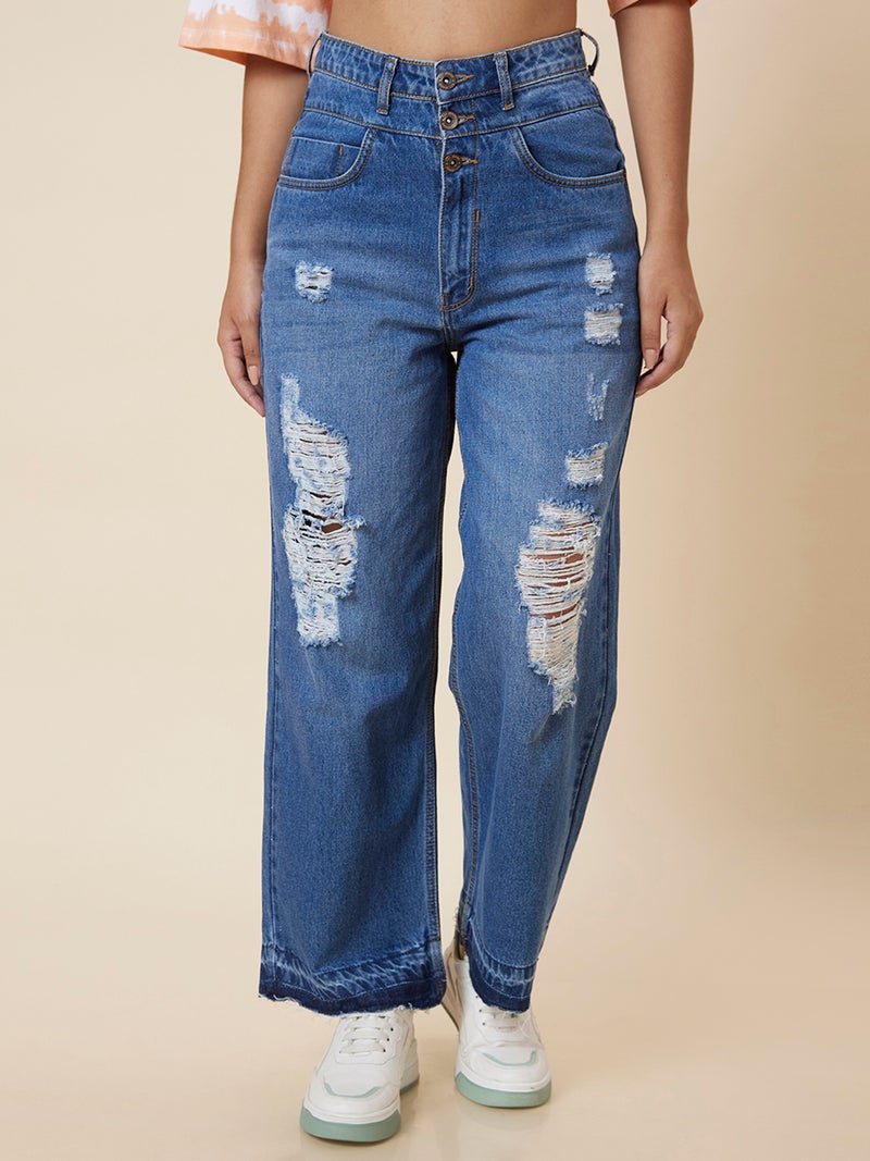 globus Globus Women Blue Wide Leg Light Fade Highly Distressed Pure Cotton Jeans  - Image 2
