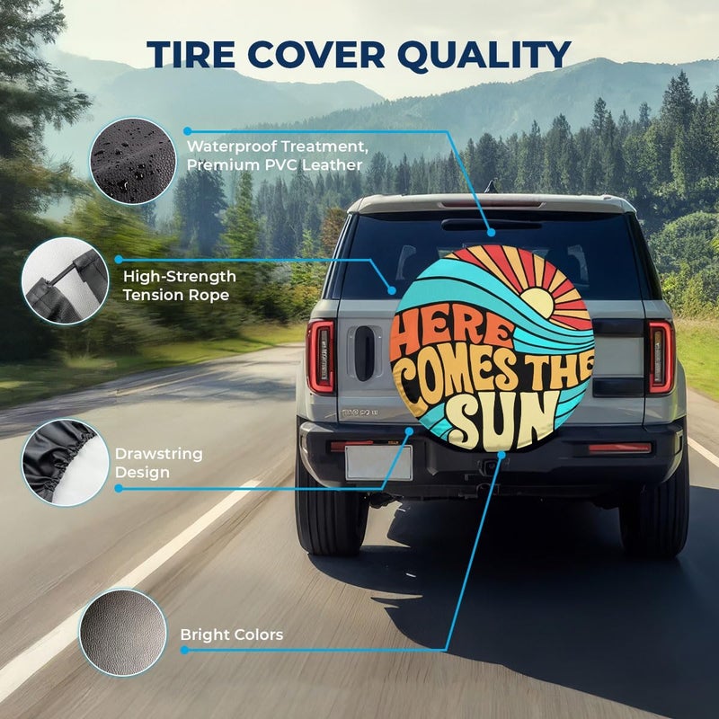 GENANY Hippie Here Comes The Sun Size 15 Premium PVC Leather Spare Tire Cover, Universal Fit for RV Jeep Camper Trailer, Dustproof, Waterproof Jeep Tire Cover with No Camera Hole, Spring Car Decor - Image 4