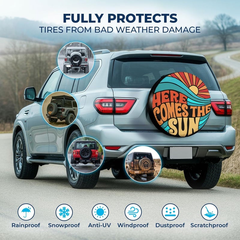 GENANY Hippie Here Comes The Sun Size 15 Premium PVC Leather Spare Tire Cover, Universal Fit for RV Jeep Camper Trailer, Dustproof, Waterproof Jeep Tire Cover with No Camera Hole, Spring Car Decor - Image 3
