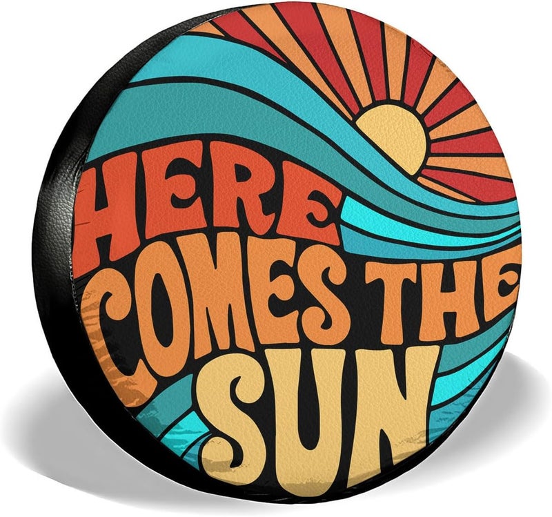 GENANY Hippie Here Comes The Sun Size 15 Premium PVC Leather Spare Tire Cover, Universal Fit for RV Jeep Camper Trailer, Dustproof, Waterproof Jeep Tire Cover with No Camera Hole, Spring Car Decor - Image 1