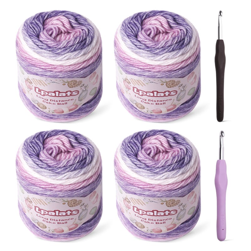 Lpalats Ombre Yarn for Crocheting 4x100g Soft 60 Cotton 40 Acrylic Yarn 962 Yds Gradient Cake Yarns for Knitting Shawls Blankets Sweater with 2 Crochet Hooks 4 Purple Gradient - Image 2