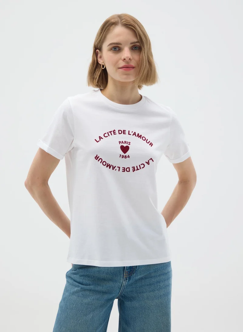 او في اس OVS White Pure Cotton Regular Fit T-Shirt With Print