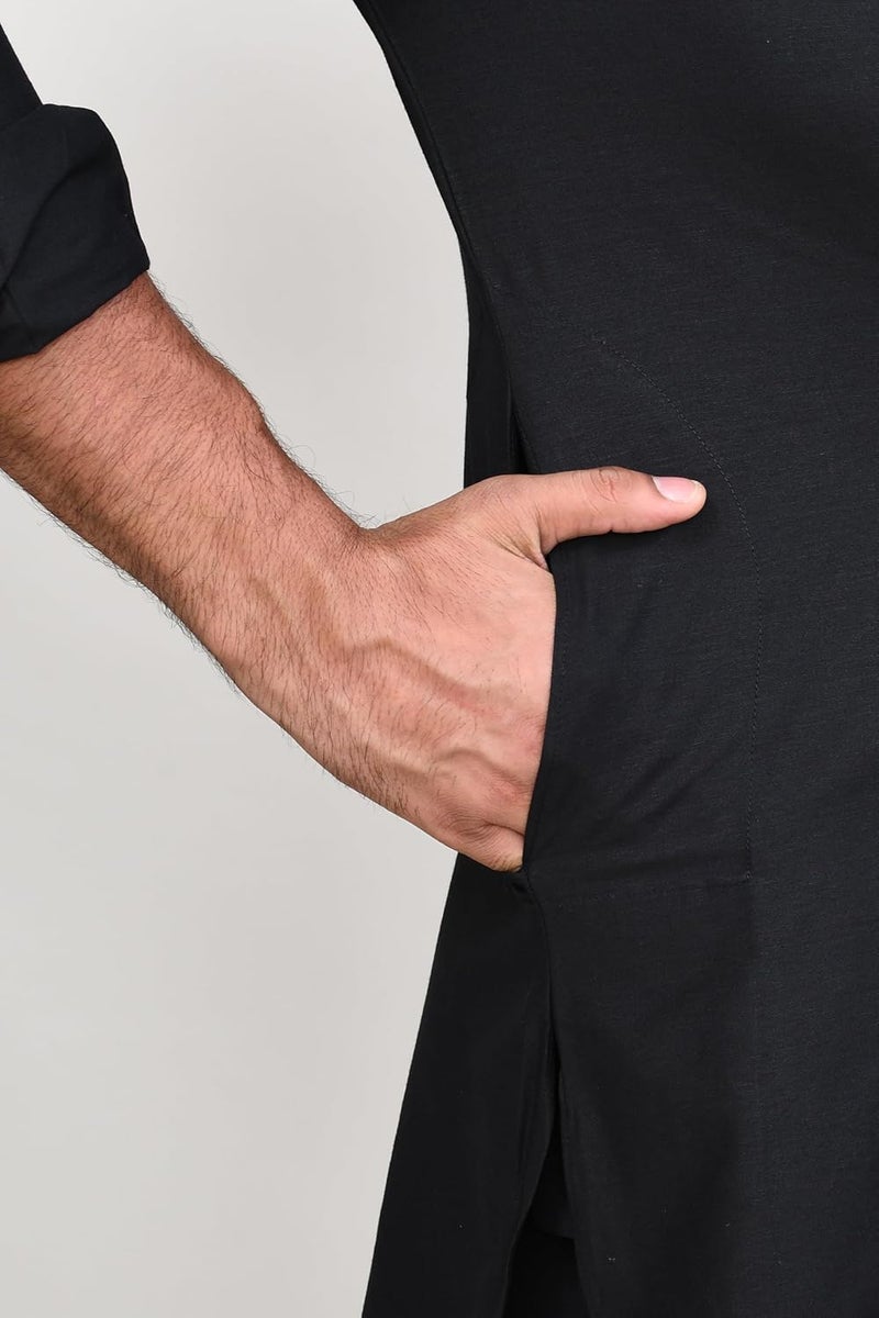 Polyfab طقم كورتا باجاما للرجال من هاثكارغا بنمط صلب - ملابس تقليدية عرقية بأكمام كاملة مع ياقة ماندارين - Image 5