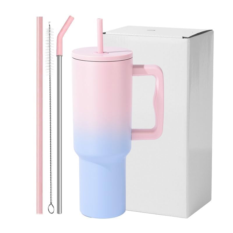 JUGTE 1200ML Stainless Steel Tumbler Hot and Cold with Handle and Lid 1 Straw Double Insulated Cup 100% Leak Proof Mug Cup Holder for Gym Travelling (Pink Blue Candy) - Image 1