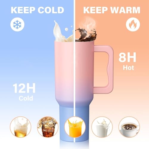 JUGTE 1200ML Stainless Steel Tumbler Hot and Cold with Handle and Lid 1 Straw Double Insulated Cup 100% Leak Proof Mug Cup Holder for Gym Travelling (Pink Blue Candy) - Image 3