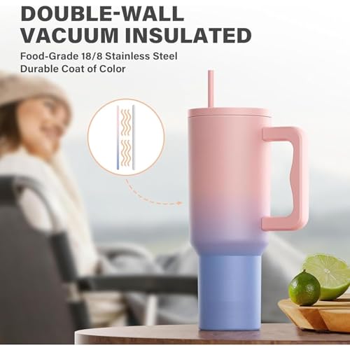 JUGTE 1200ML Stainless Steel Tumbler Hot and Cold with Handle and Lid 1 Straw Double Insulated Cup 100% Leak Proof Mug Cup Holder for Gym Travelling (Pink Blue Candy) - Image 2