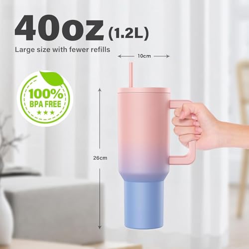 JUGTE 1200ML Stainless Steel Tumbler Hot and Cold with Handle and Lid 1 Straw Double Insulated Cup 100% Leak Proof Mug Cup Holder for Gym Travelling (Pink Blue Candy) - Image 4