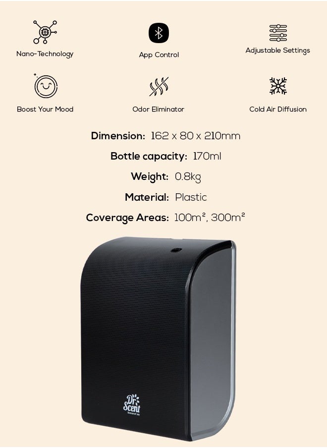Dr Scent Dr Scent Essential Oil Diffuser – Elegant | Sophisticated Design, 100m²-300m³ Coverage, Bluetooth & App Control, Infuses Fragrance to Enhance Your Environment (Black-Silver)  - Image 2