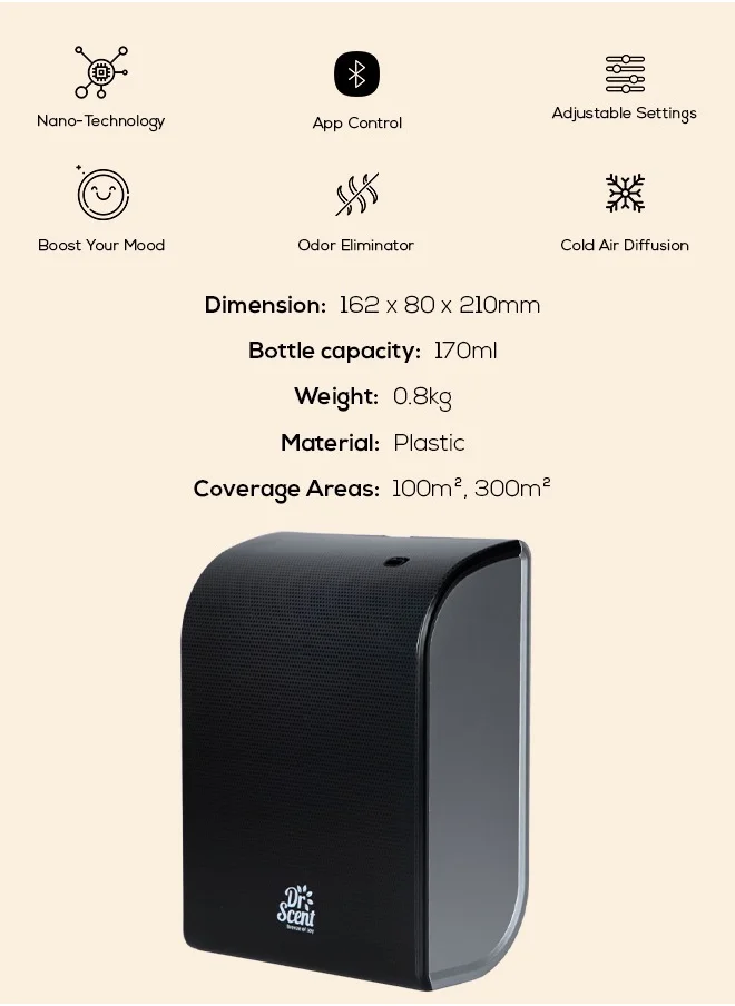 Dr Scent Dr Scent Essential Oil Diffuser – Elegant Floral | Sophisticated Design, 100-300 m² Coverage, Bluetooth & App Control, Infuses Fragrance to Enhance Your Environment (Black-Silver)