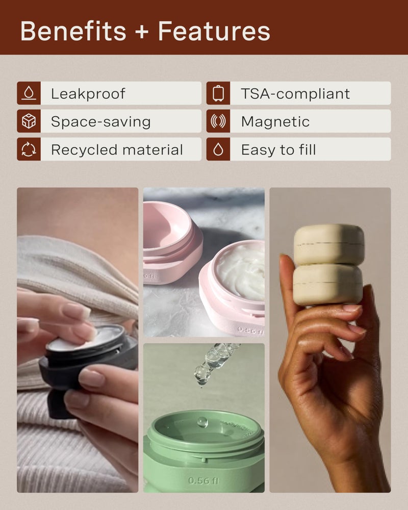 Cadence Travel Containers Basic Skincare Set - Magnetic Containers with Lids,Carry On Travel Essentials For Women/Men - 3 Small Capsules (0.56oz) - Cleanser, Moisturizer & Sun-Icon Labels - Petal - Image 2