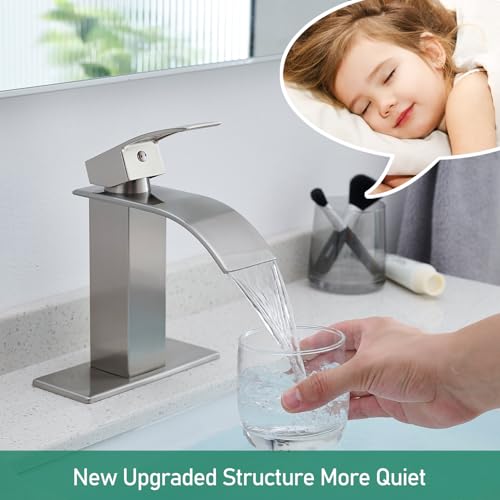 VOTON Bathroom Faucets Brushed Nickel Waterfall Bathroom Sink Faucet Modern Single Handle Bathroom Faucet for 1 or 3 Holes with Deck Plate - Image 4