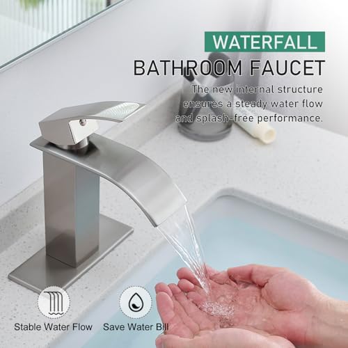VOTON Bathroom Faucets Brushed Nickel Waterfall Bathroom Sink Faucet Modern Single Handle Bathroom Faucet for 1 or 3 Holes with Deck Plate - Image 2