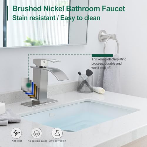 VOTON Bathroom Faucets Brushed Nickel Waterfall Bathroom Sink Faucet Modern Single Handle Bathroom Faucet for 1 or 3 Holes with Deck Plate - Image 5
