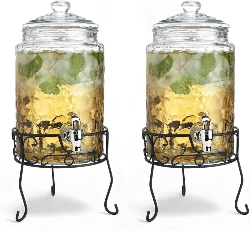 MosJos 2 PACK 1.5 Gallon Drink dispenser, Classic Hammered Glass Beverage Dispenser With Elegant Stand, Drink Dispensers for Parties With Spigot 100% Leakproof. Perfect For Parties And Daily Use - Image 1