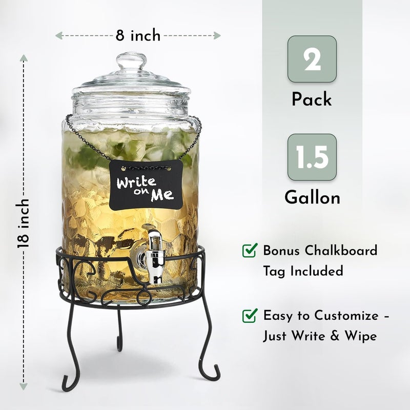 MosJos 2 PACK 1.5 Gallon Drink dispenser, Classic Hammered Glass Beverage Dispenser With Elegant Stand, Drink Dispensers for Parties With Spigot 100% Leakproof. Perfect For Parties And Daily Use - Image 2