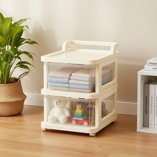 Aliensware 2Layer Plastic Storage Drawer Organizer with Wheels, Modular Cabinet for Home, Office, School, Hospital, Parlor, Morden Kitchen,Clothes, Toys Organiser for Kids Room,Aliens-Clear Ivory - Image 1
